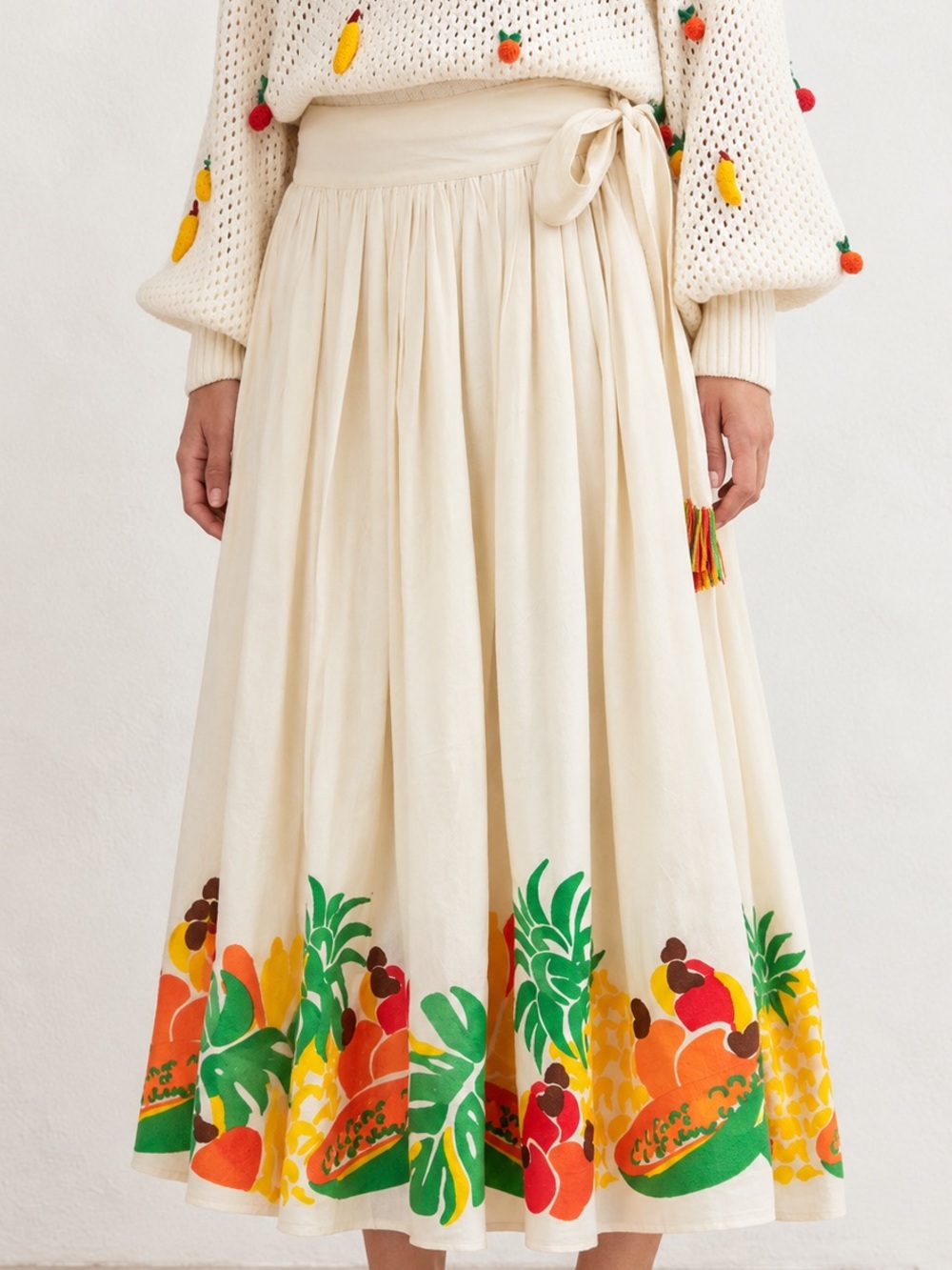 FARM RIO Tropical Fruit Embroidered Bow Tie Midi Skirt